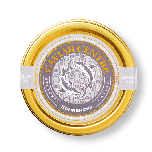 Schrenckii caviar from Amur sturgeon with golden pearls premium luxury caviar delicacy.