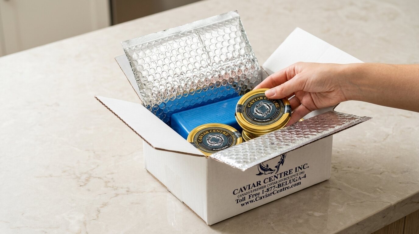 Caviar Centre caviar packed inside an insulated shipping box