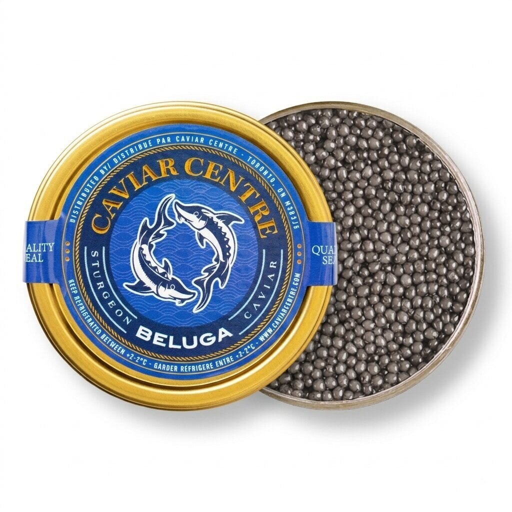 Caviar Centre Beluga tin with large silver-grey caviar pearls
