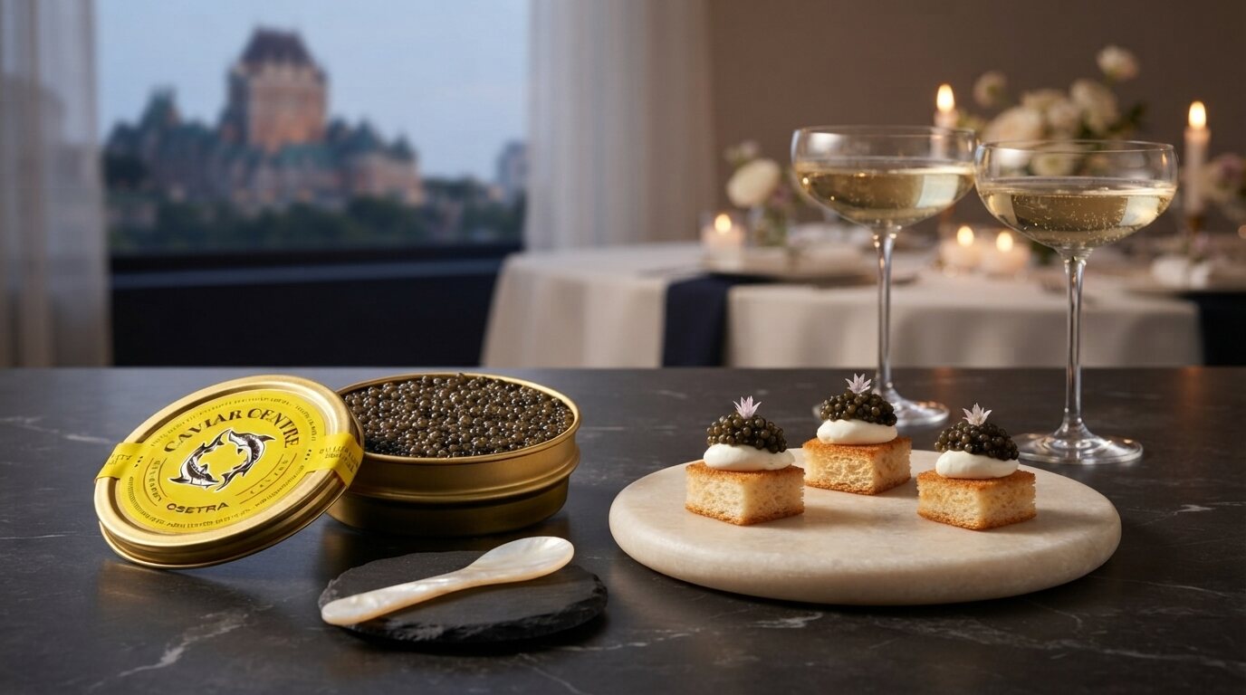 Elegant Québec City setting prepared for a caviar celebration