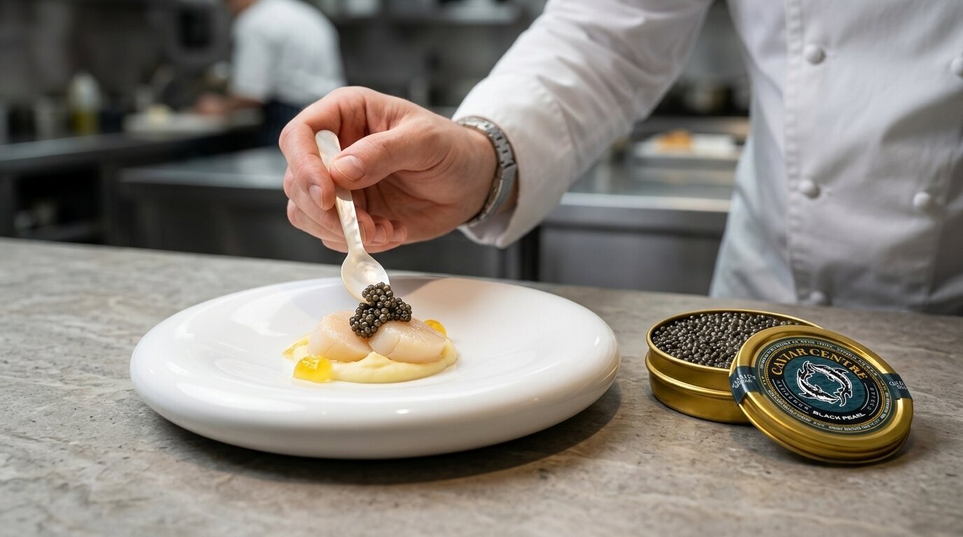 Chef plating a restaurant dish with Caviar Centre caviar