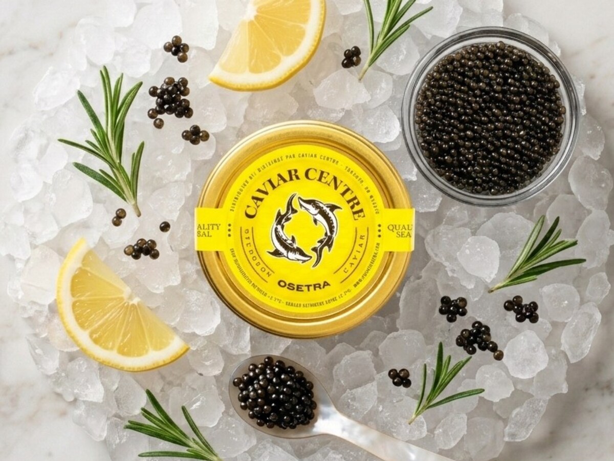 Osetra caviar presented over ice with lemon and rosemary