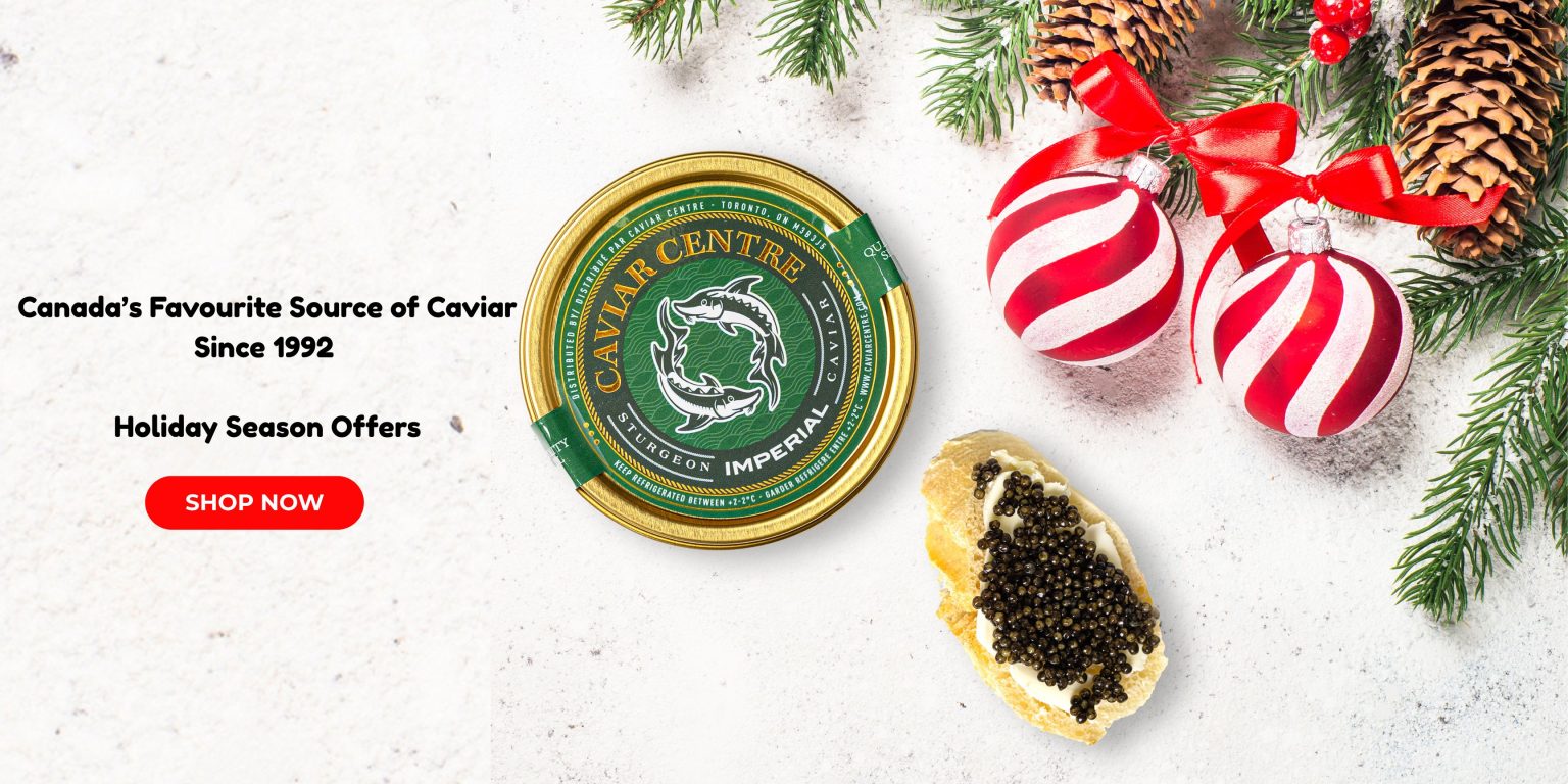 Luxury caviar display with holiday-themed decorations at Caviar Centre Toronto